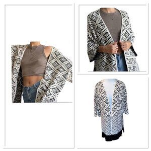H&M Black & White Diamonds Open Front 3/4 Sleeve‎ Wool Blend Oversized Cardigan